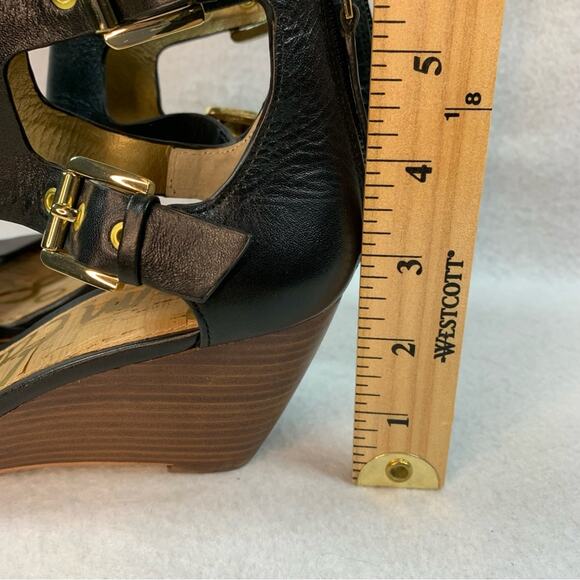 SAM EDELMAN Suzanna Leather Peep Toe Wedge Sandal Sz 8 Double Buckle Straps - Picture 9 of 13